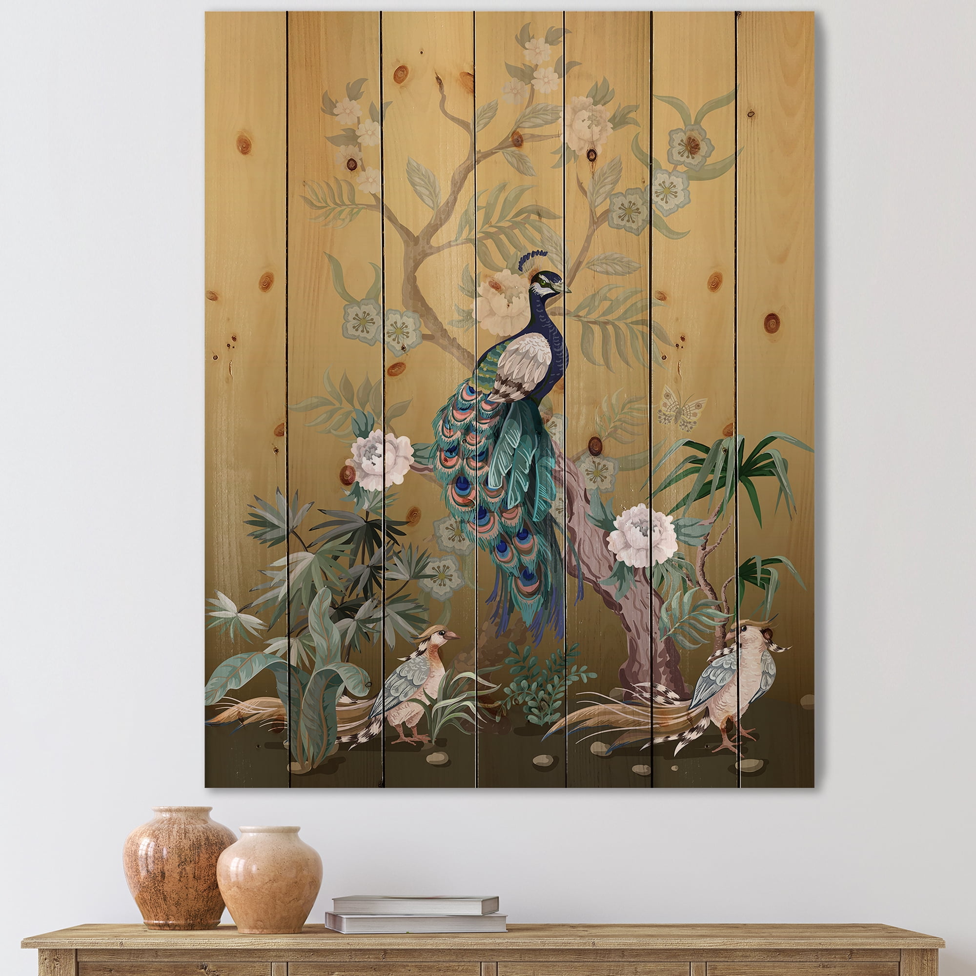 Designart 'Chinoiserie With Peonies and Birds VI' Traditional Print on Natural Pine Wood