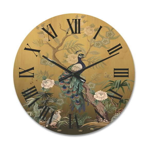 Designart 'Chinoiserie With Peonies and Birds VI' Traditional Wood Wall Clock