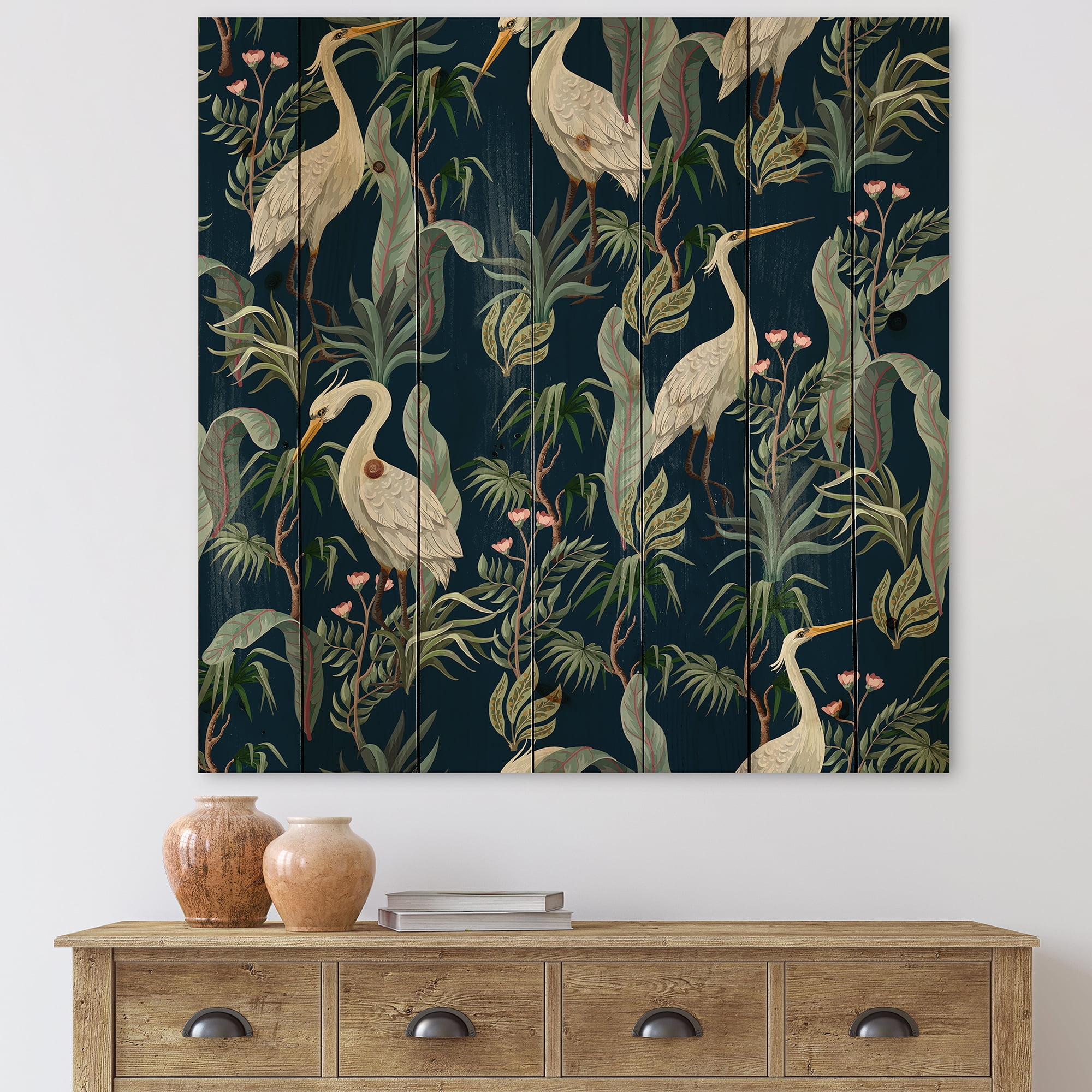 Black Natural Pine Wood Wall Art with Birds and Peonies