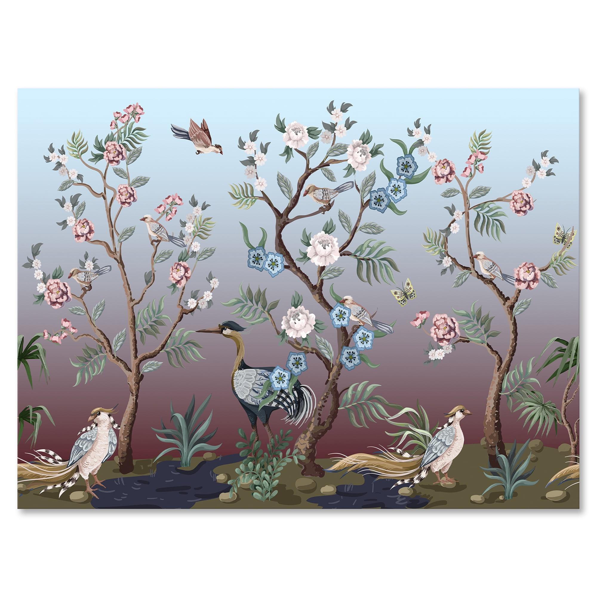 Traditional Blue and Pink Floral Bird Canvas Wall Art
