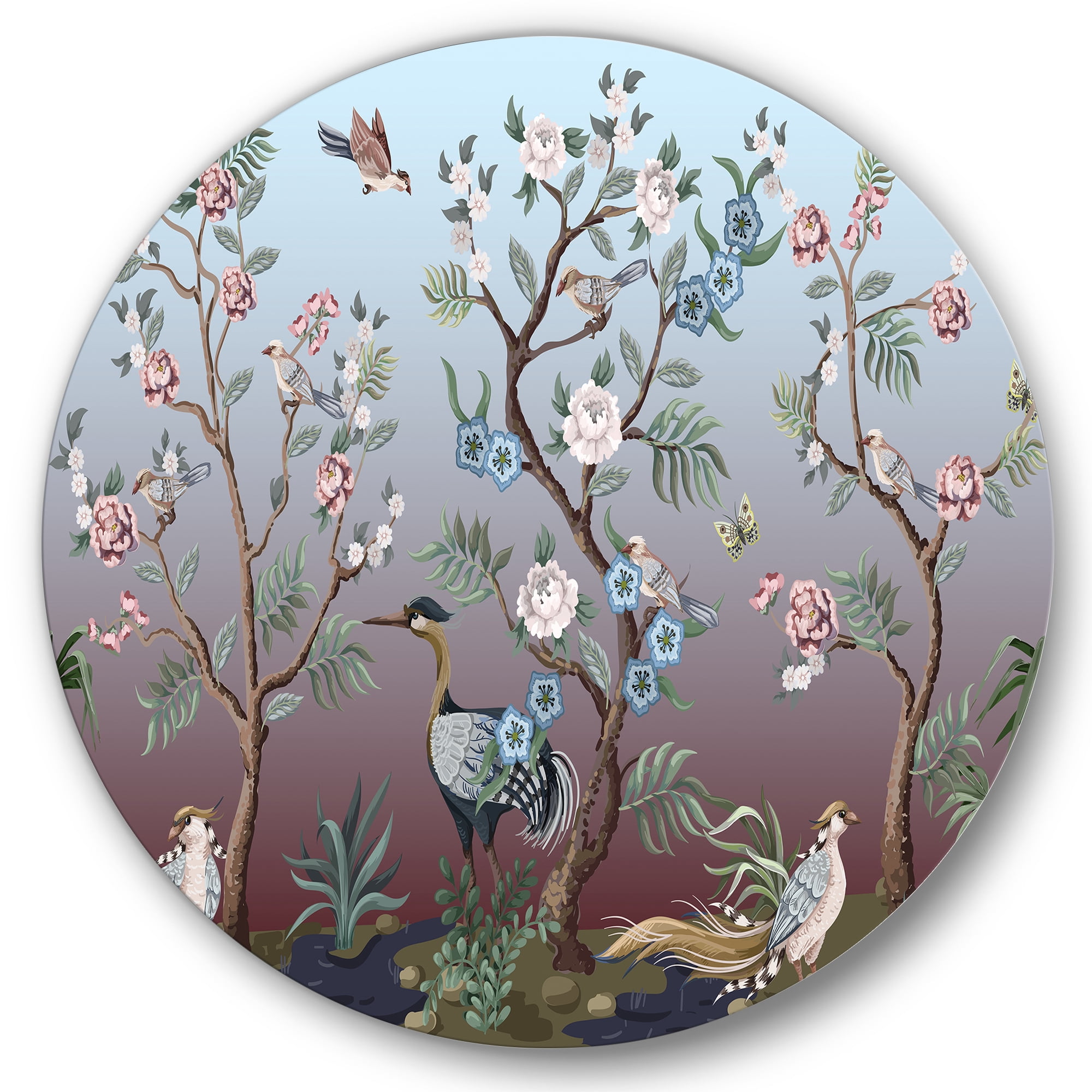 Designart 'Chinoiserie With Peonies and Birds XI' Traditional Circle Metal Wall Art 29x29 - Disc of 29