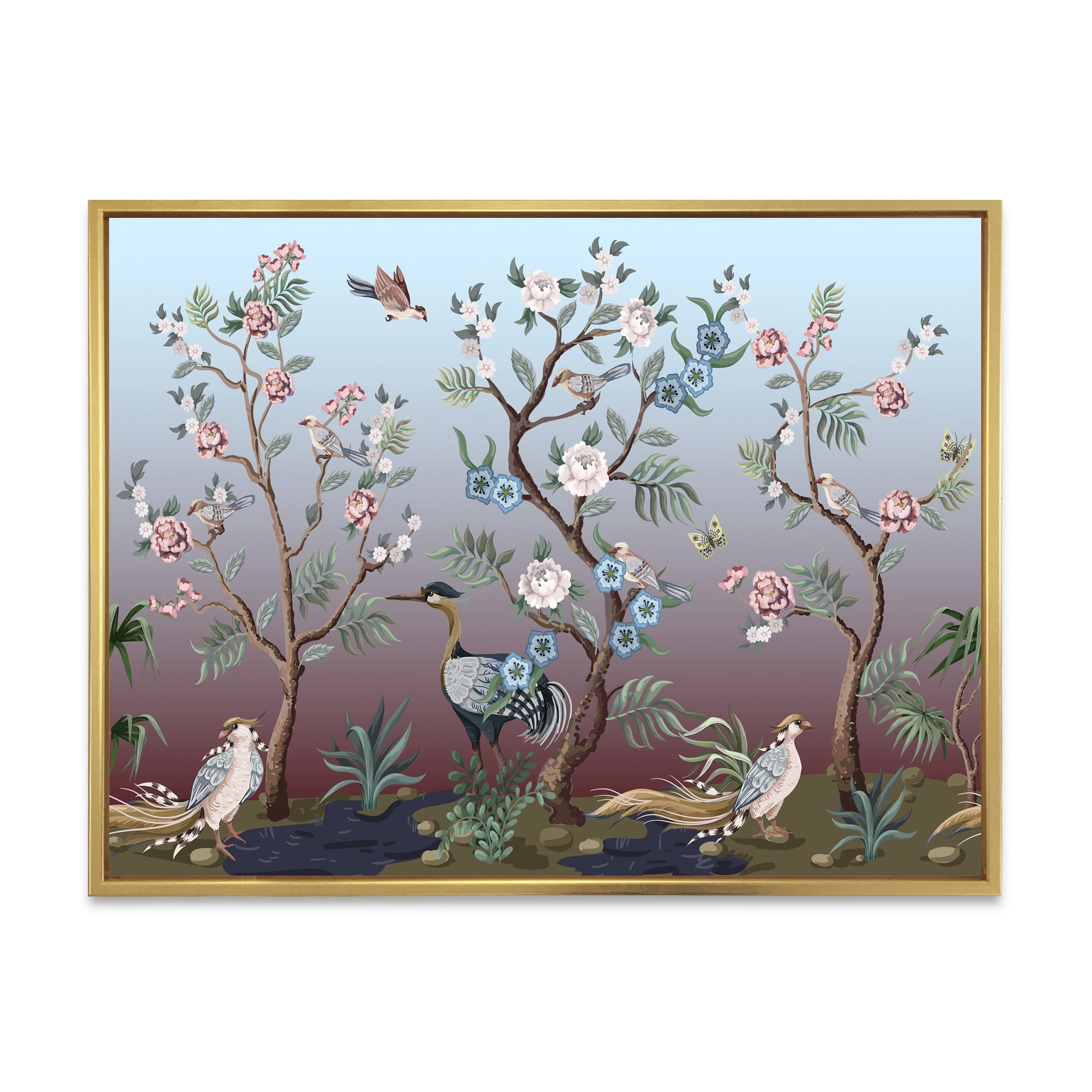 Designart 'Chinoiserie With Peonies and Birds XI' Traditional Framed Canvas Wall Art Print