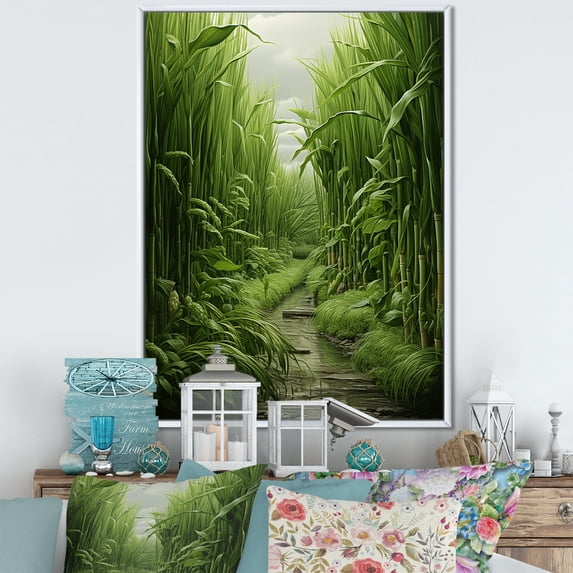 Designart "Chive Symphony Herbs II" Floral Framed Wall Art - Traditional Green Herbs Bedroom Framed Canvas Wall Art