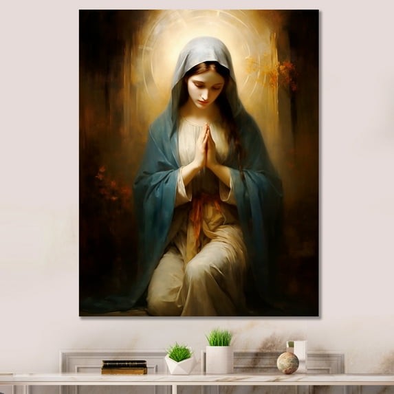 Designart "Christian Portrait of Mother Mary III" Spiritual Canvas Wall Art - Global Gold Christianism Entryway Wall Art Print
