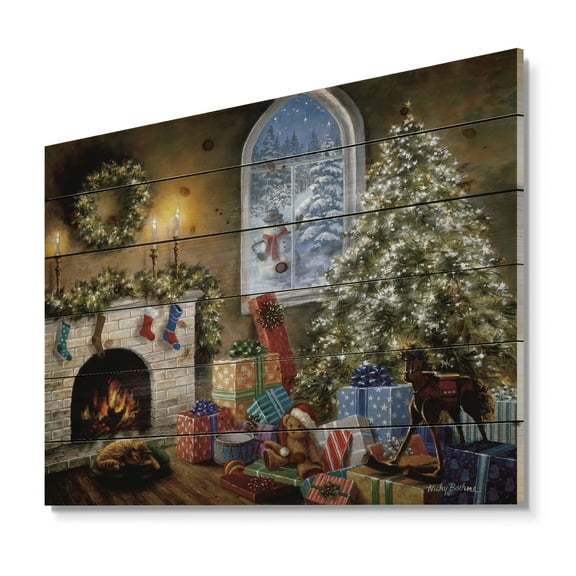 Designart 'Christmas Eve with presents by fire place ' Print on Natural Pine Wood