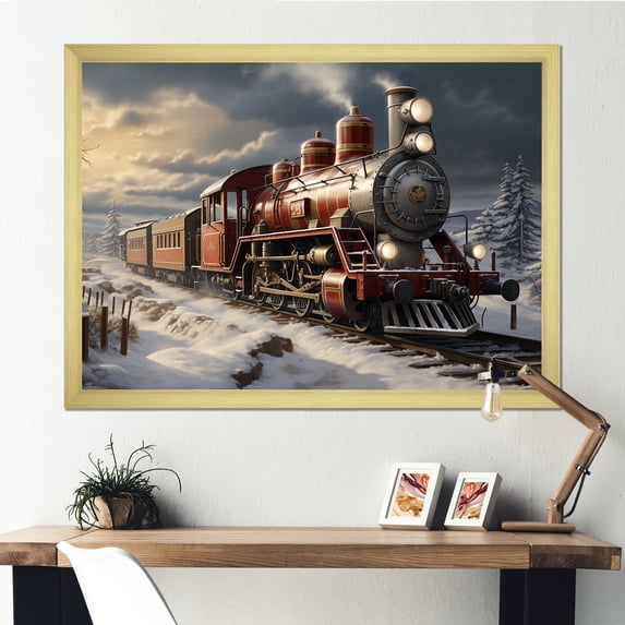 Designart "Christmas Express Winter Train Journey" Performing Arts Framed Wall Art Decor - Modern Farmhouse Red Transportation Train Bedroom Framed Canvas Wall Art