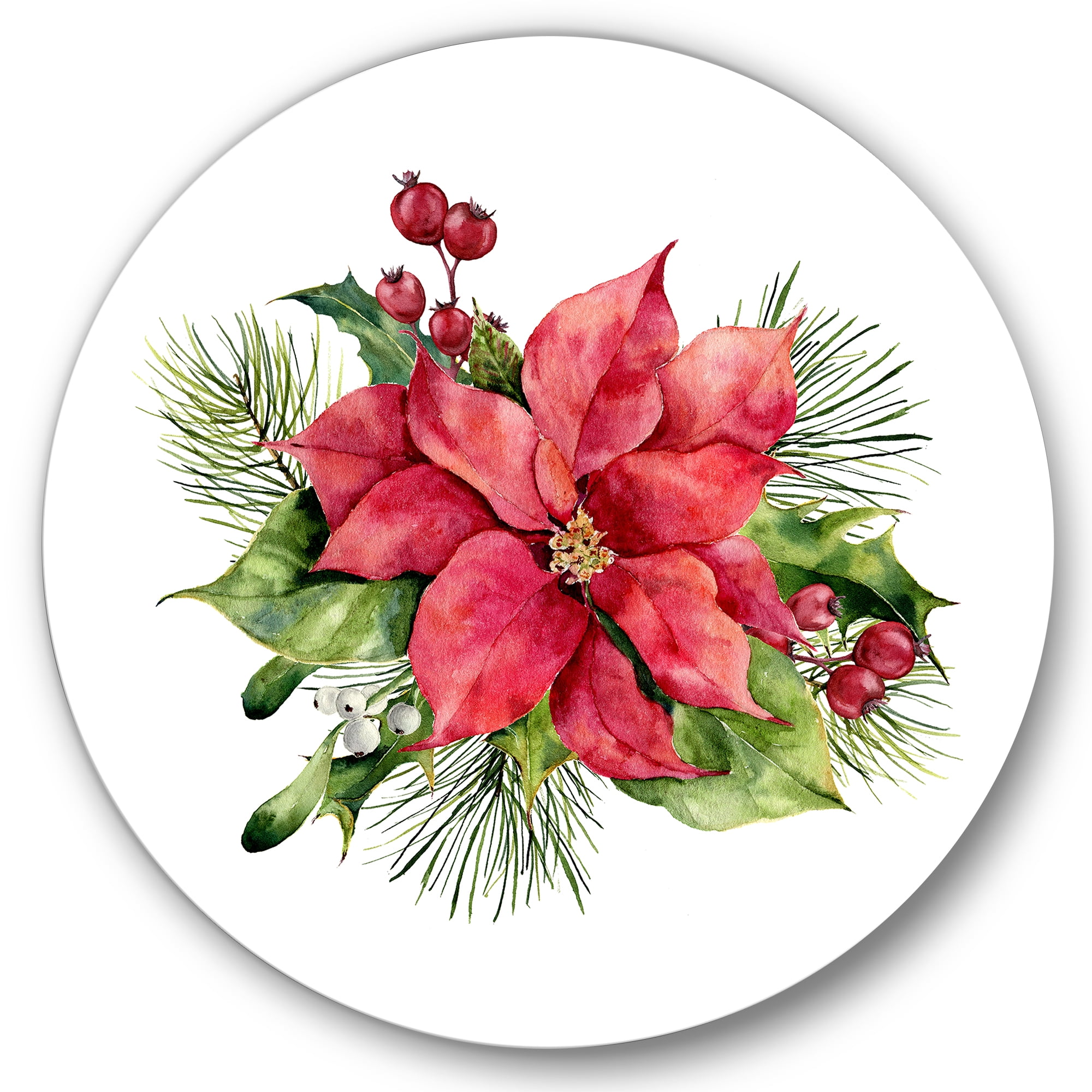 Designart 'Christmas Fir Branch and Holly Mistletoe Berries I' Traditional Circle Metal Wall Art 29x29 - Disc of 29