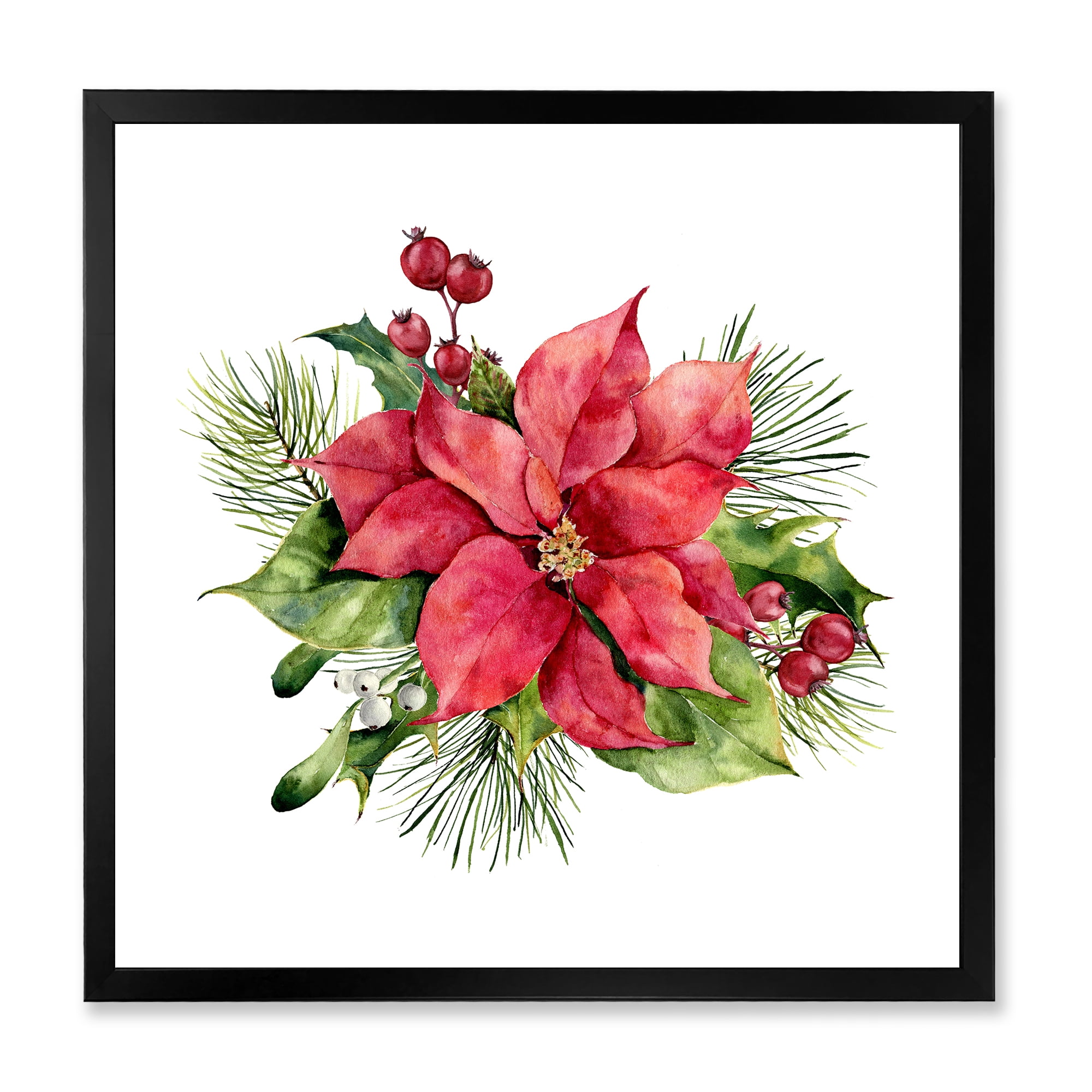 Designart 'Christmas Fir Branch and Holly Mistletoe Berries I' Traditional Framed Art Print