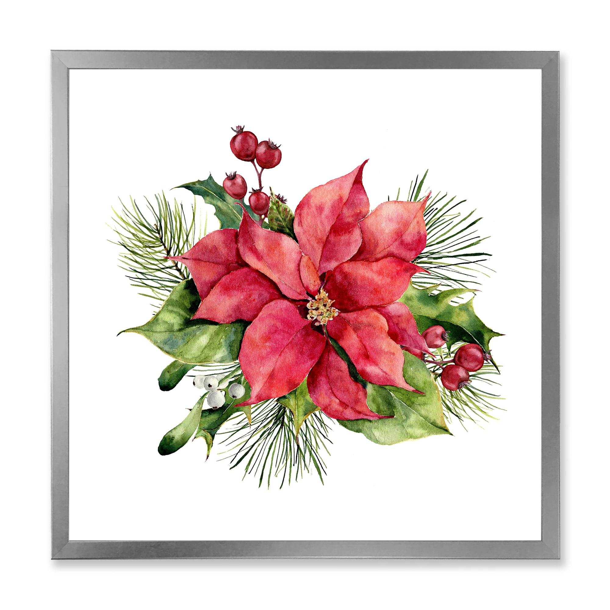 Designart 'Christmas Fir Branch and Holly Mistletoe Berries I' Traditional Framed Art Print