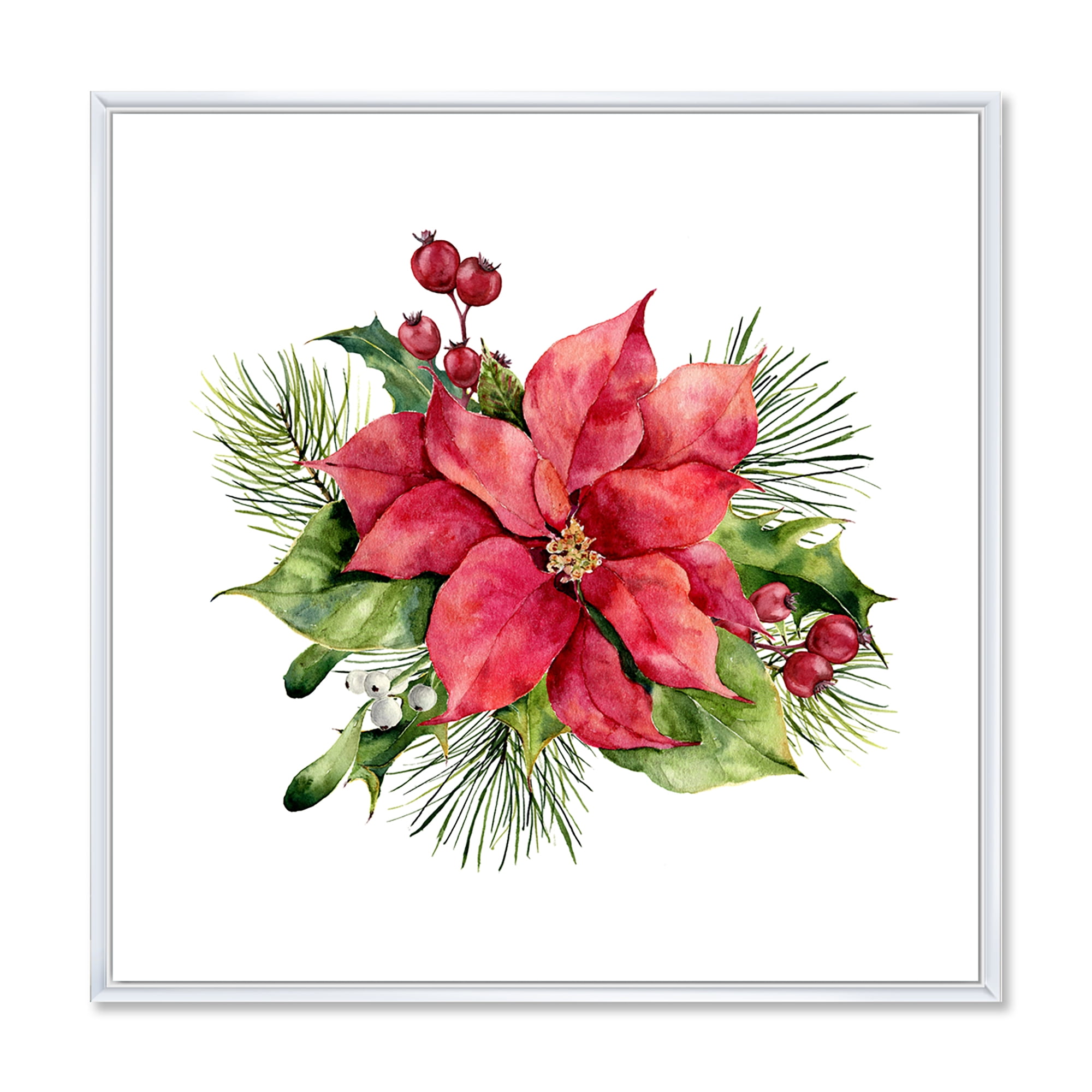 Designart 'Christmas Fir Branch and Holly Mistletoe Berries I' Traditional Framed Canvas Wall Art Print