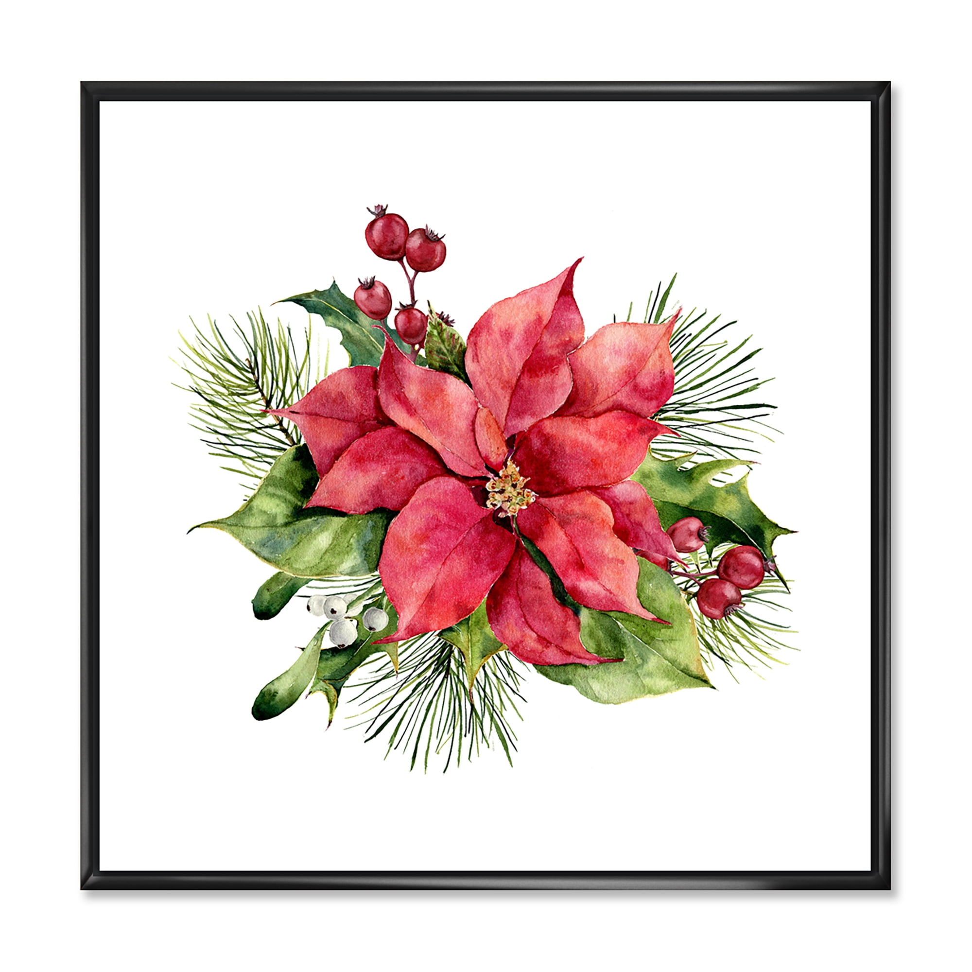 Designart 'Christmas Fir Branch and Holly Mistletoe Berries I' Traditional Framed Canvas Wall Art Print
