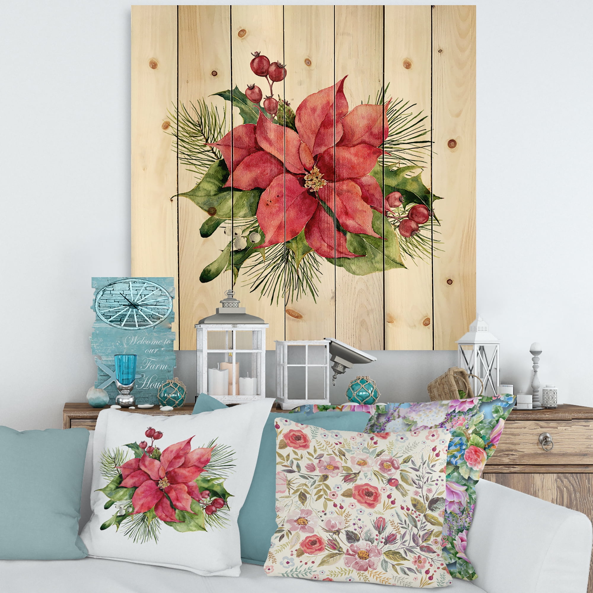 Designart 'Christmas Fir Branch and Holly Mistletoe Berries I' Traditional Print on Natural Pine Wood