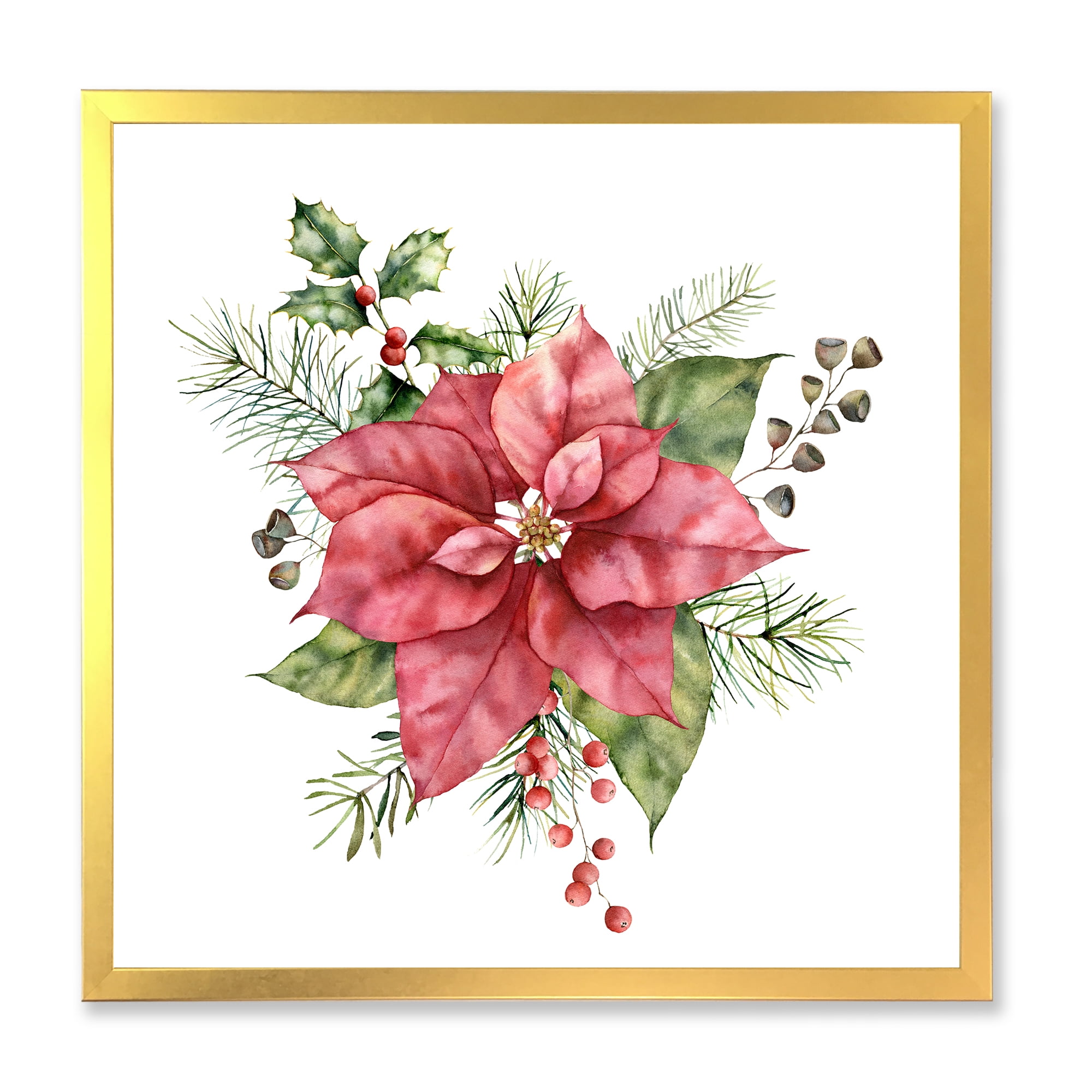 Designart 'Christmas Fir Branch and Holly Mistletoe Berries II' Traditional Framed Art Print