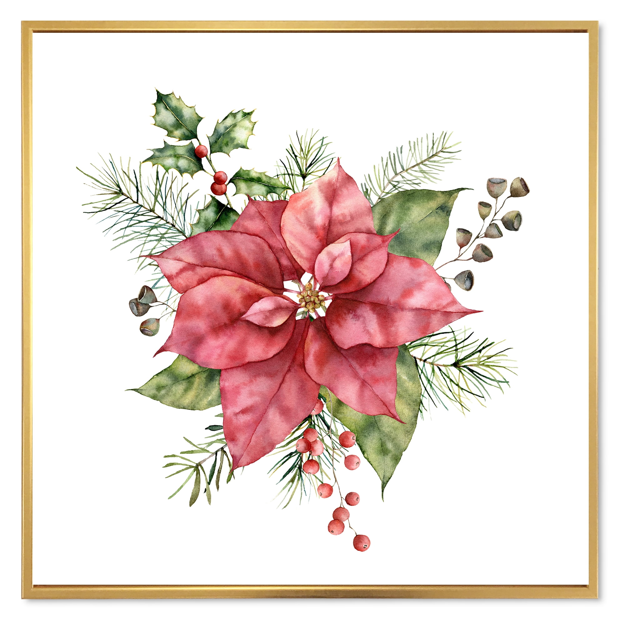 Designart 'Christmas Fir Branch and Holly Mistletoe Berries II' Traditional Framed Canvas Wall Art Print