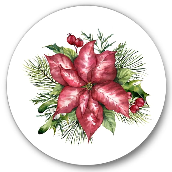 Designart 'Christmas Fir Branch and Holly Mistletoe Berries III' Traditional Circle Metal Wall Art 11x11 - Disc of 11