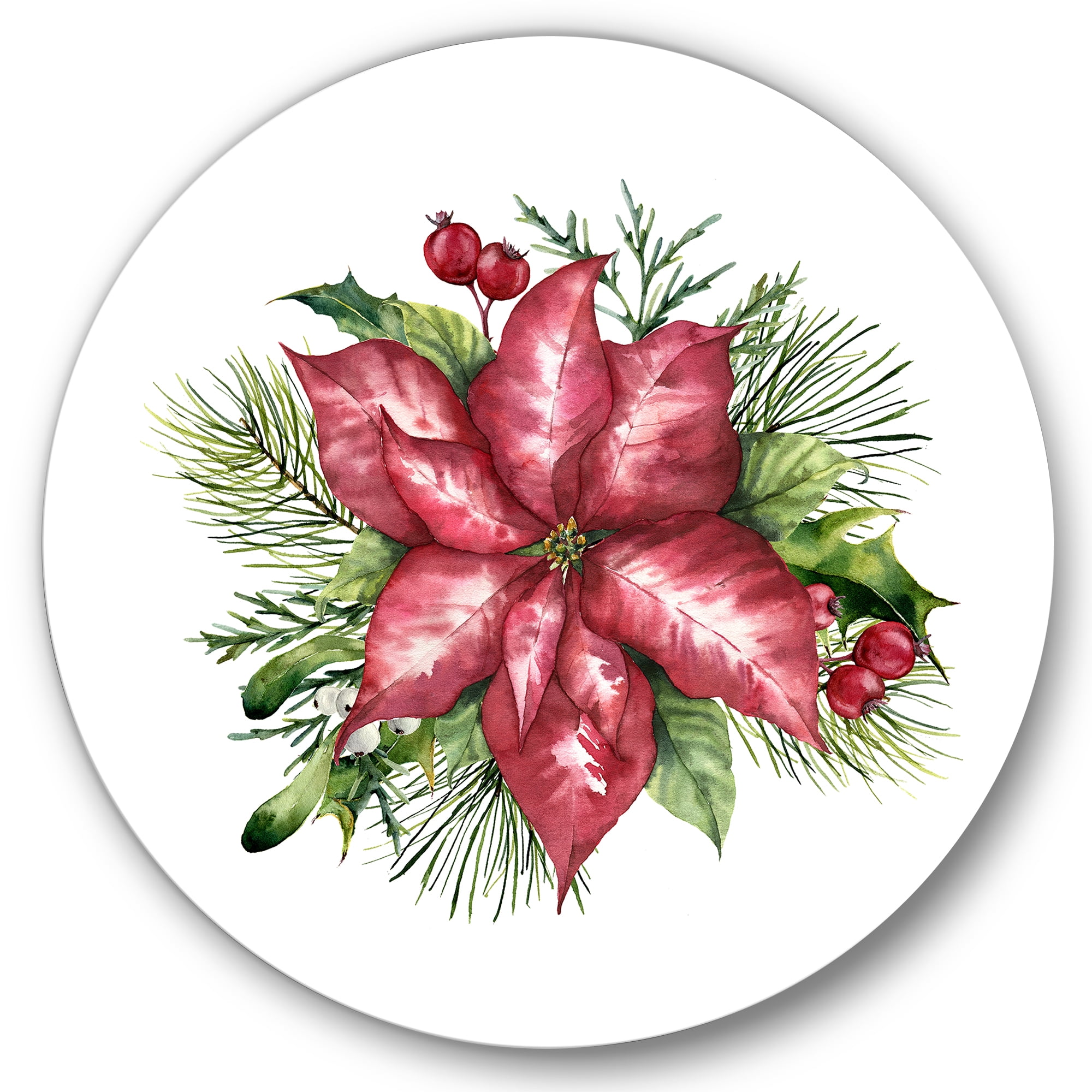 Designart 'Christmas Fir Branch and Holly Mistletoe Berries III' Traditional Circle Metal Wall Art 36x36 - Disc of 36