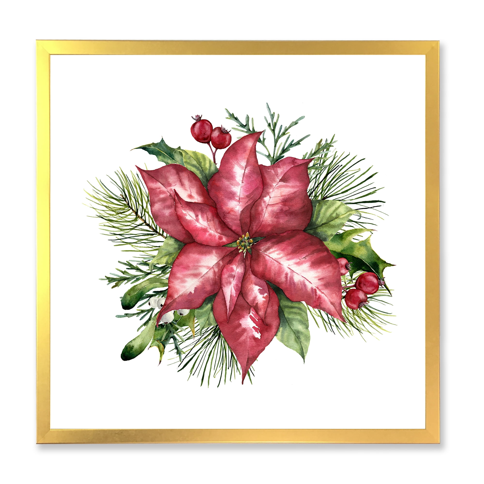 Designart 'Christmas Fir Branch and Holly Mistletoe Berries III' Traditional Framed Art Print