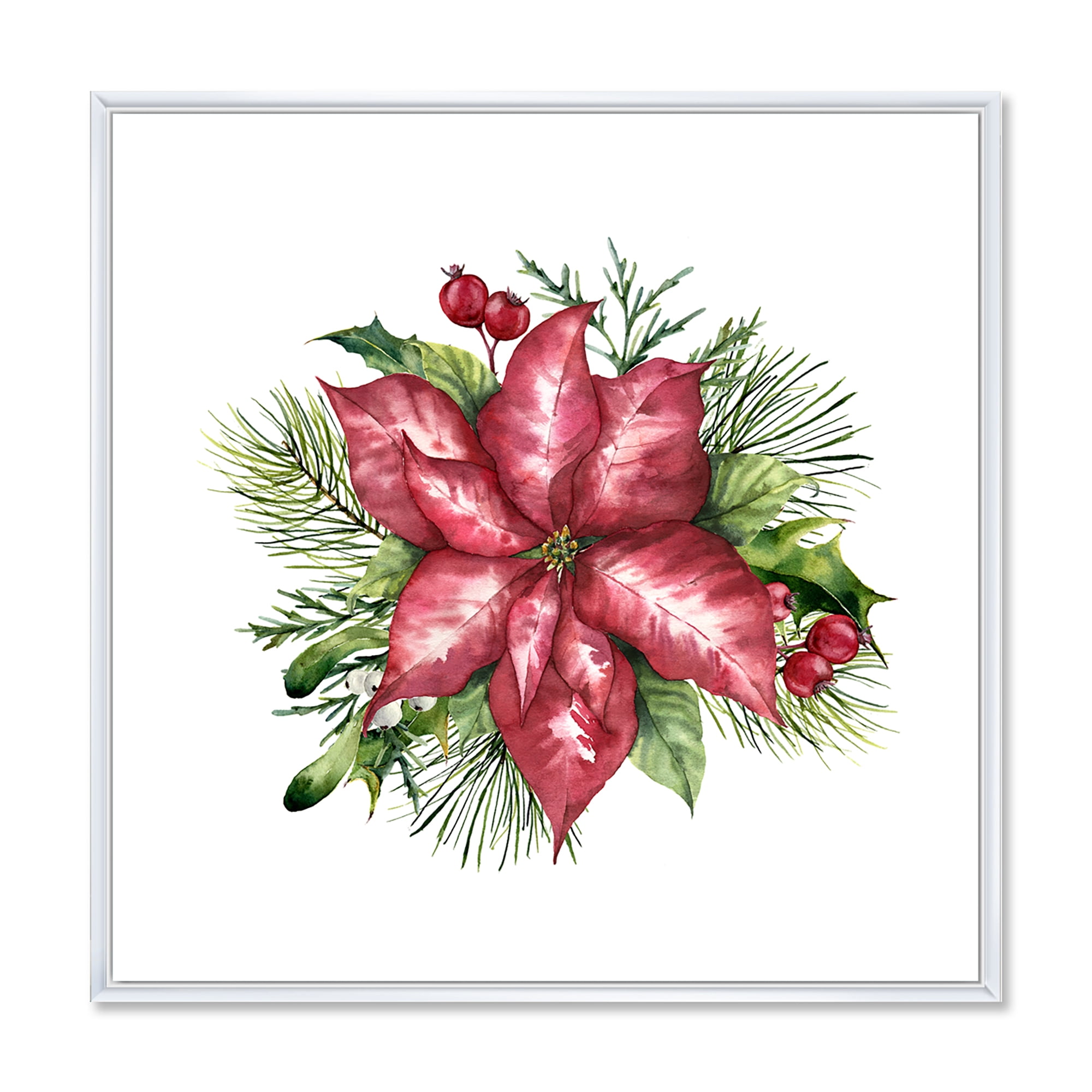 Designart 'Christmas Fir Branch and Holly Mistletoe Berries III' Traditional Framed Canvas Wall Art Print