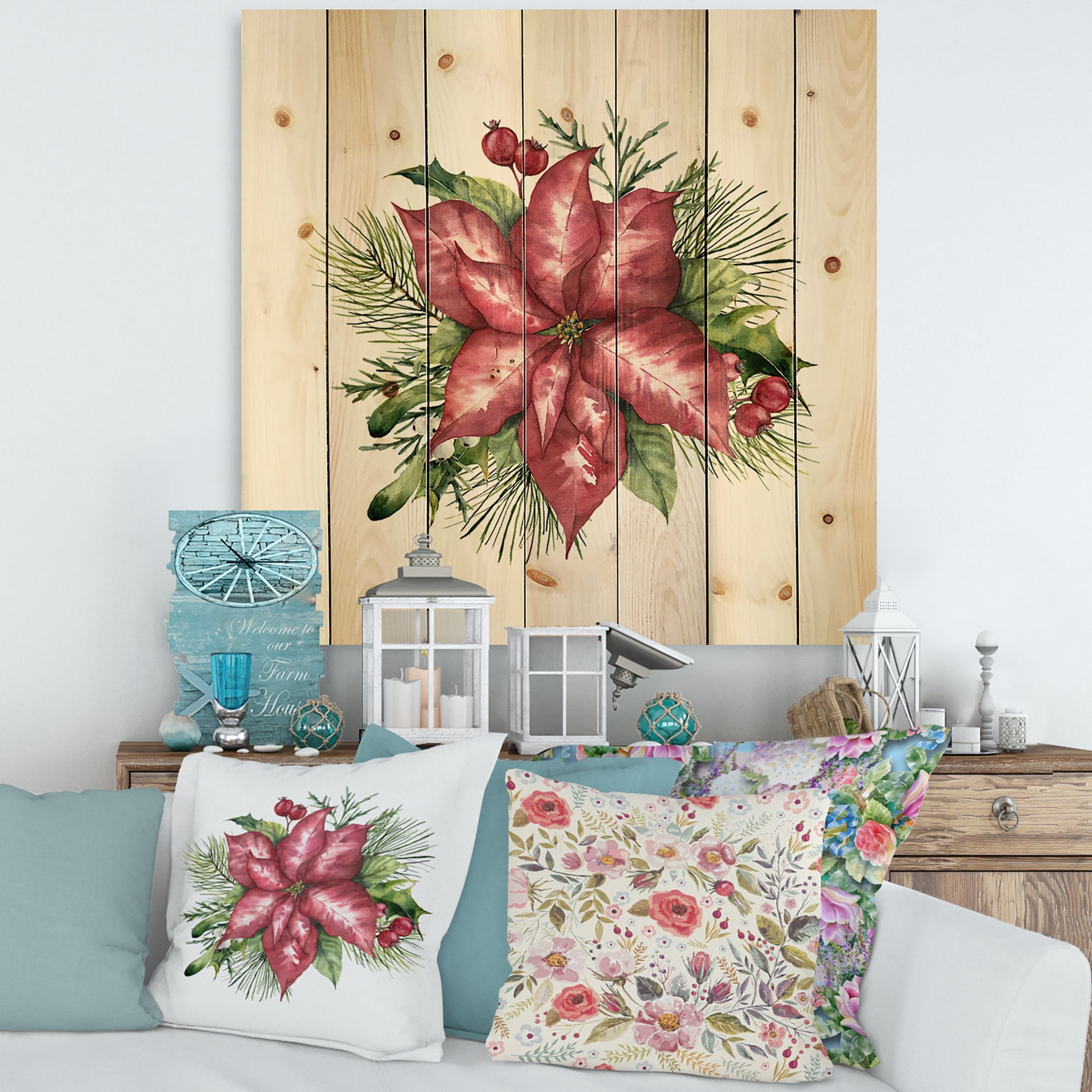 Designart 'Christmas Fir Branch and Holly Mistletoe Berries III' Traditional Print on Natural Pine Wood