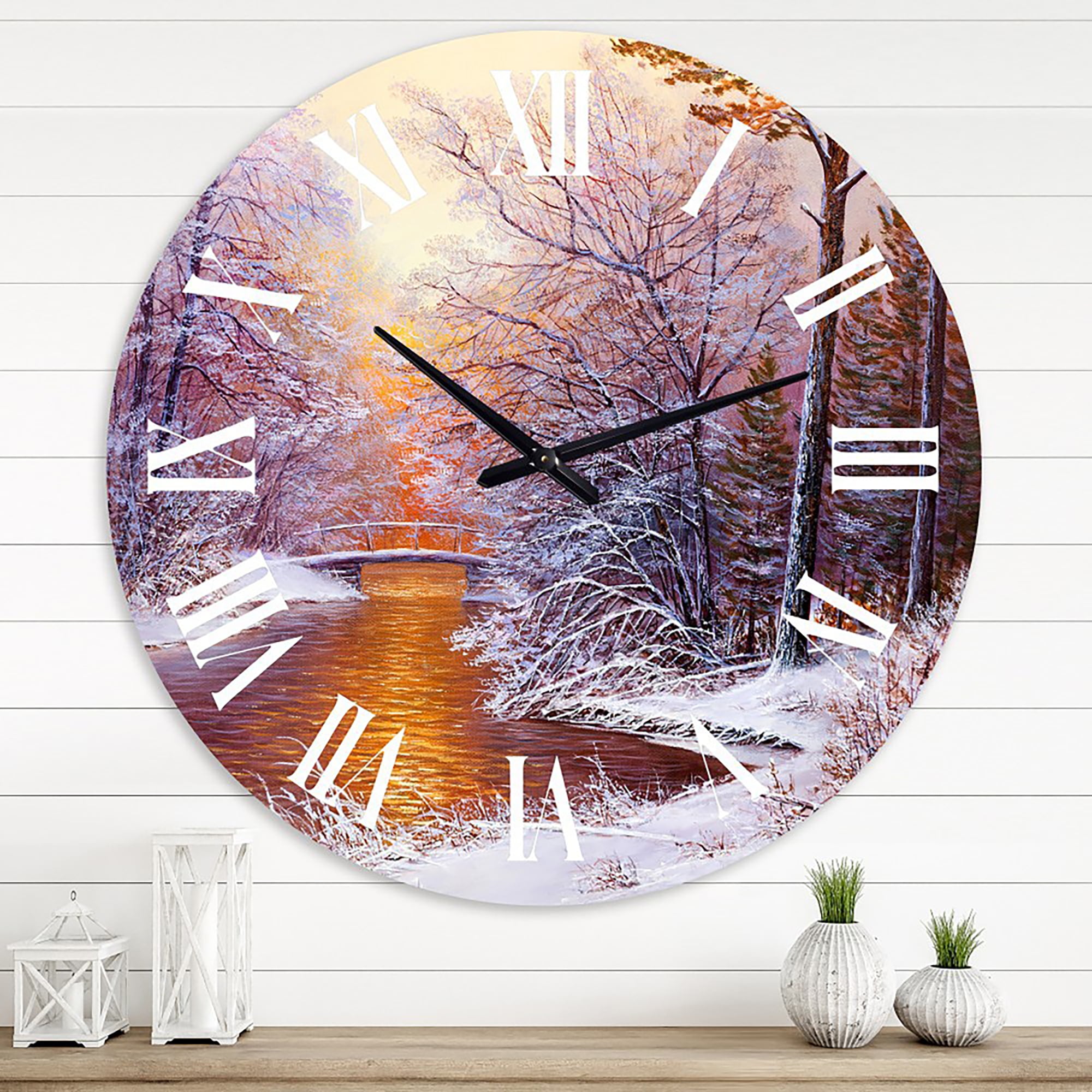 Designart 'Christmas Forest With River And Trees Ii' Traditional Wall Clock
