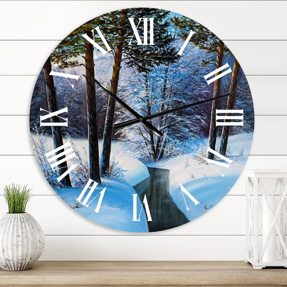 Designart 'Christmas Forest With River And Trees Iii' Traditional Wall Clock