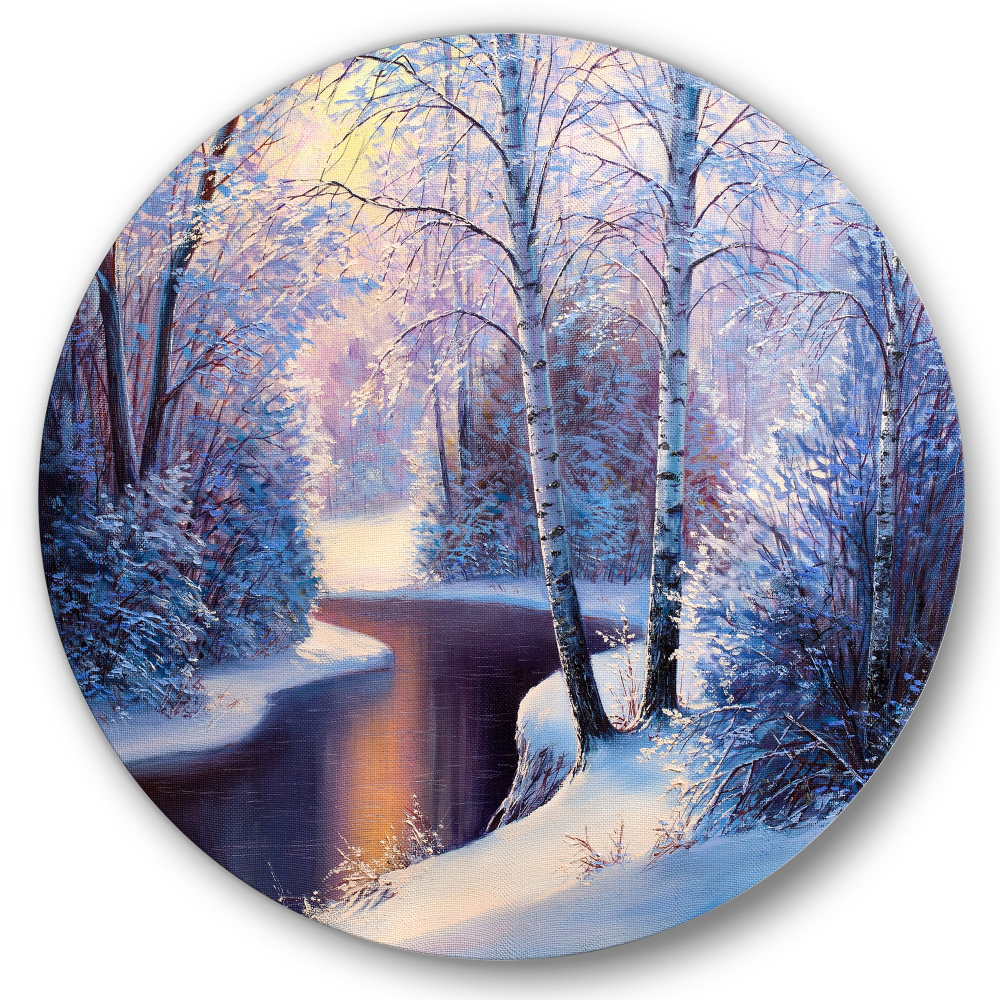 Designart 'Christmas Forest With Trees and River I' Traditional Circle Metal Wall Art 11x11 - Disc of 11