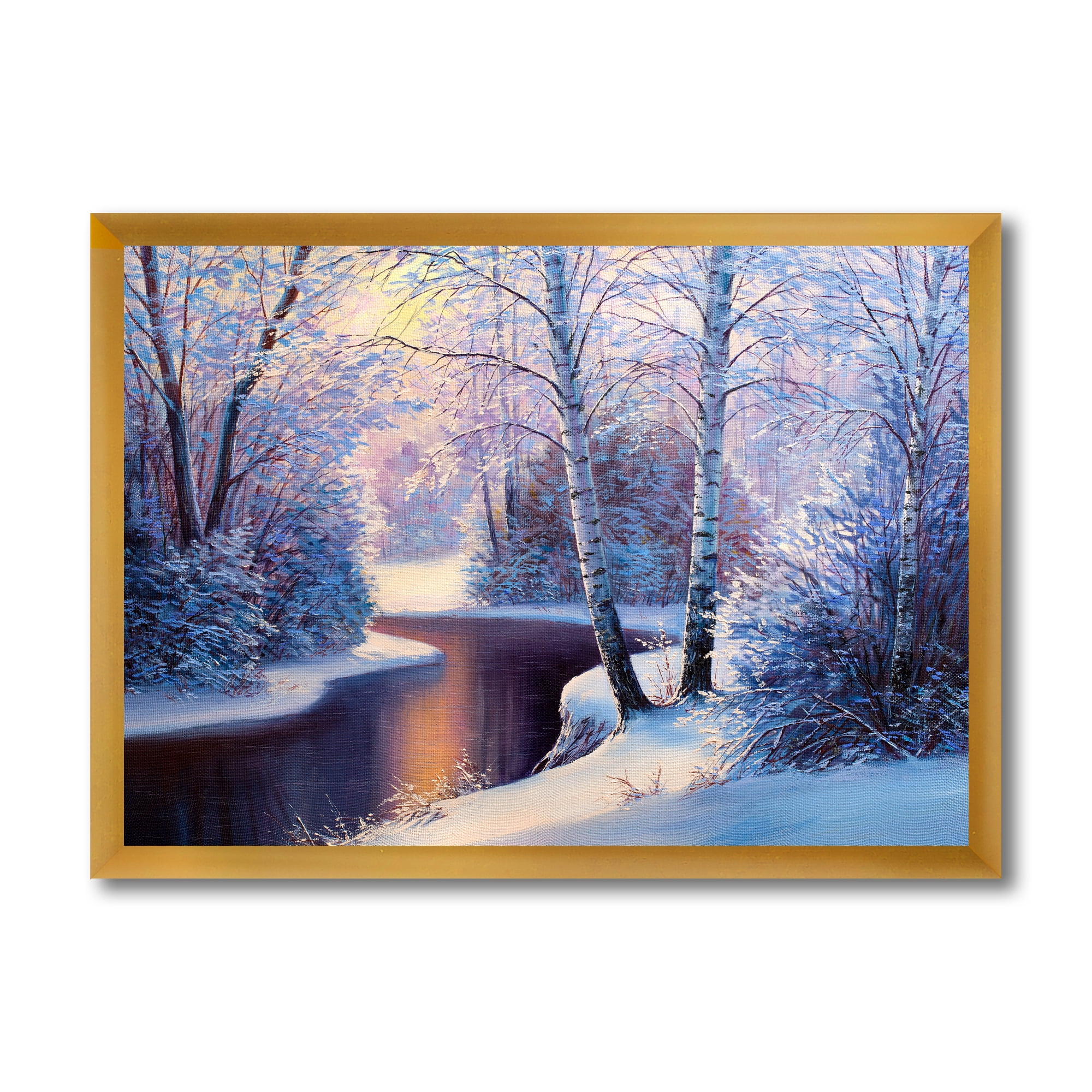 Designart 'Christmas Forest With Trees and River I' Traditional Framed Art Print