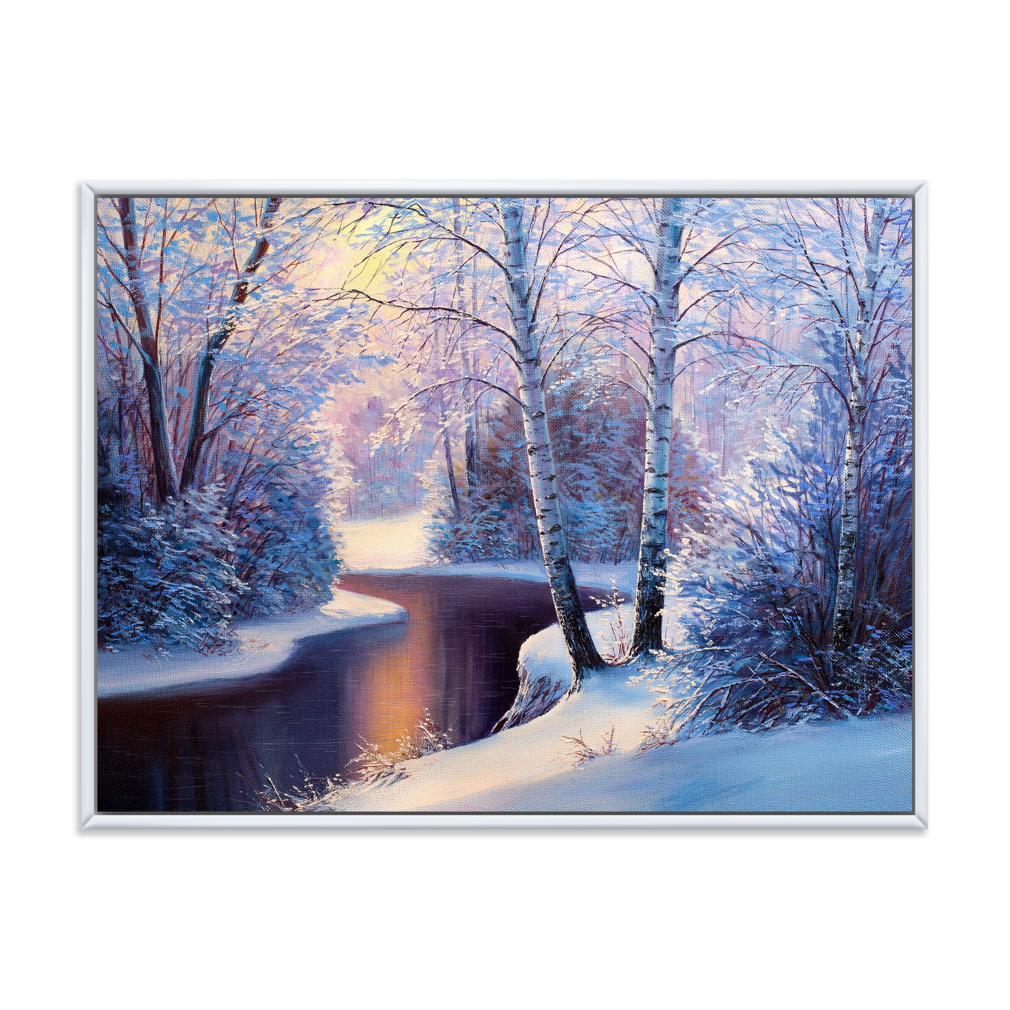 Designart 'Christmas Forest With Trees and River I' Traditional Framed Canvas Wall Art Print
