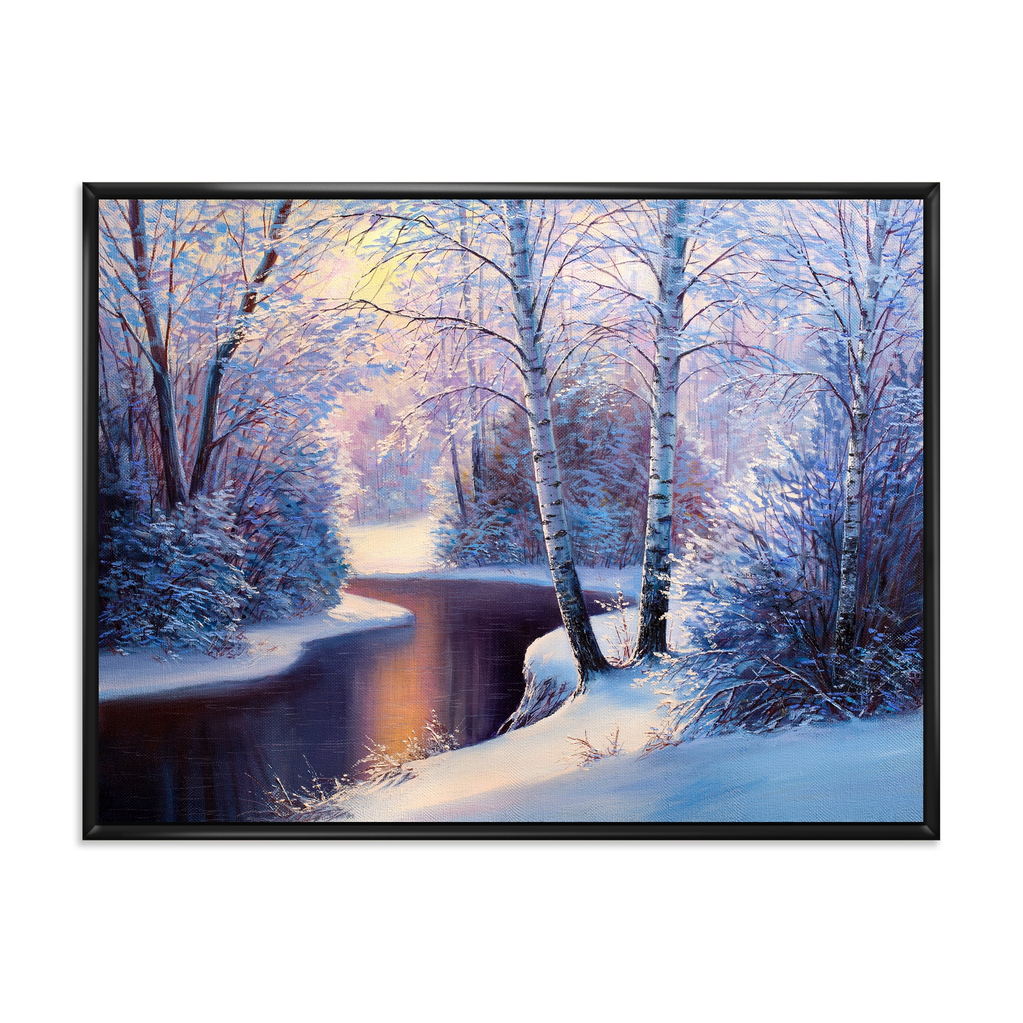 Designart 'Christmas Forest With Trees and River I' Traditional Framed Canvas Wall Art Print