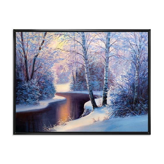 Designart 'Christmas Forest With Trees and River I' Traditional Framed Canvas Wall Art Print