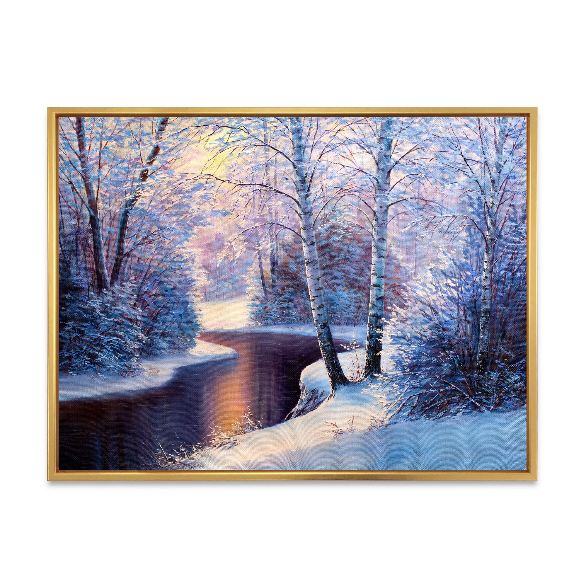 Designart 'Christmas Forest With Trees and River I' Traditional Framed Canvas Wall Art Print
