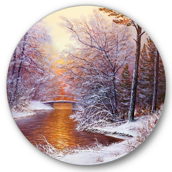 Designart 'Christmas Forest With Trees and River II' Traditional Circle Metal Wall Art 11x11 - Disc of 11