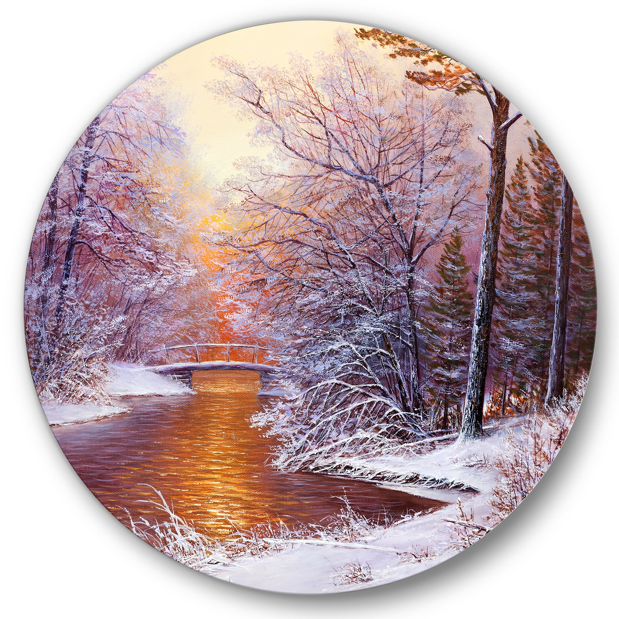 Designart 'Christmas Forest With Trees and River II' Traditional Circle Metal Wall Art 29x29 - Disc of 29