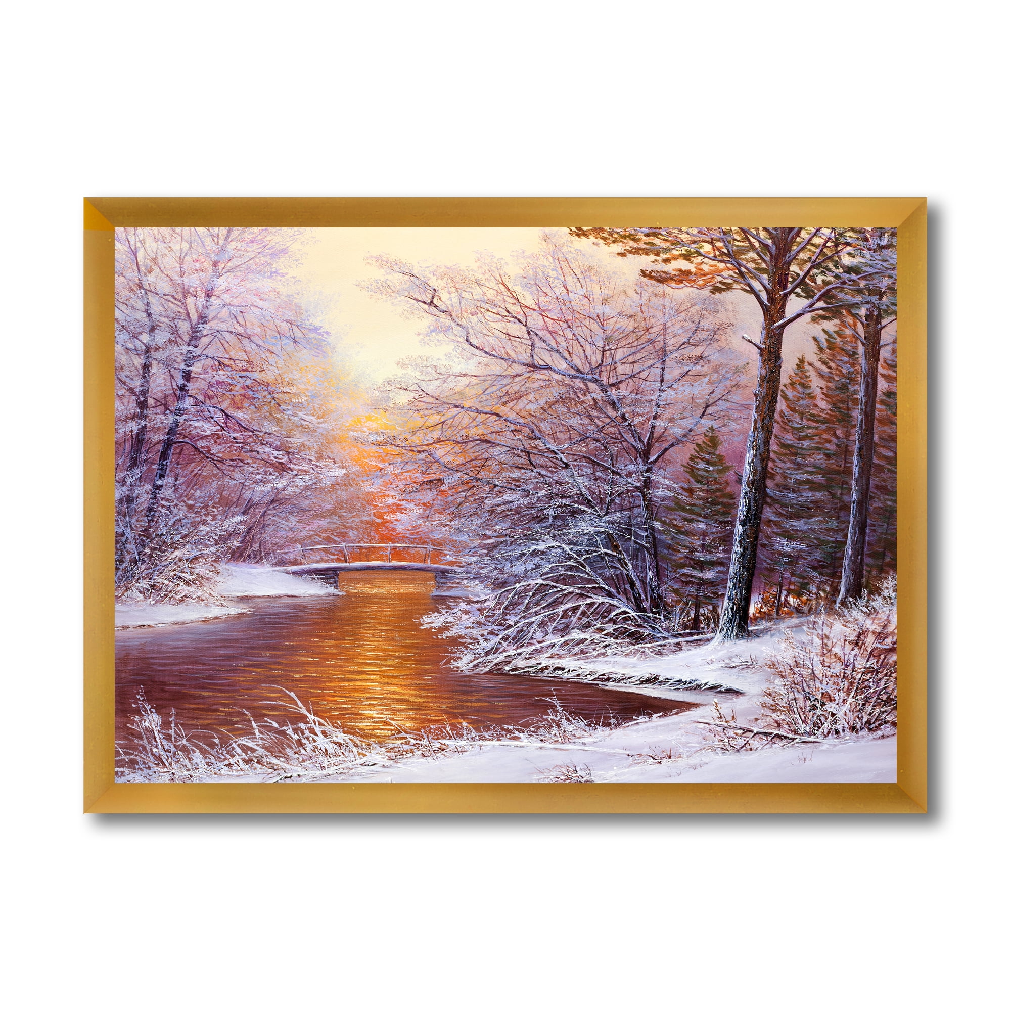 Designart 'Christmas Forest With Trees and River II' Traditional Framed Art Print
