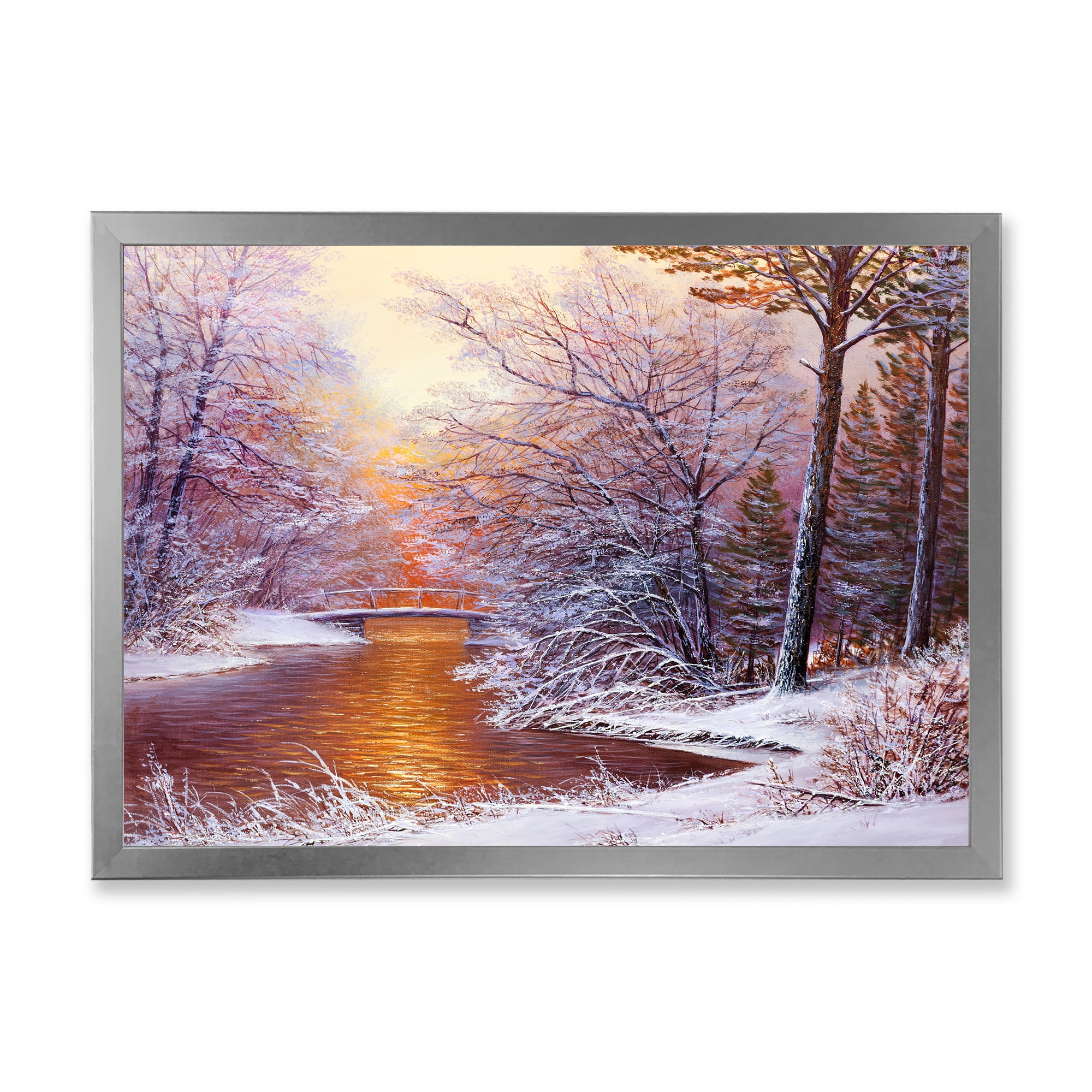 Designart 'Christmas Forest With Trees and River II' Traditional Framed Art Print
