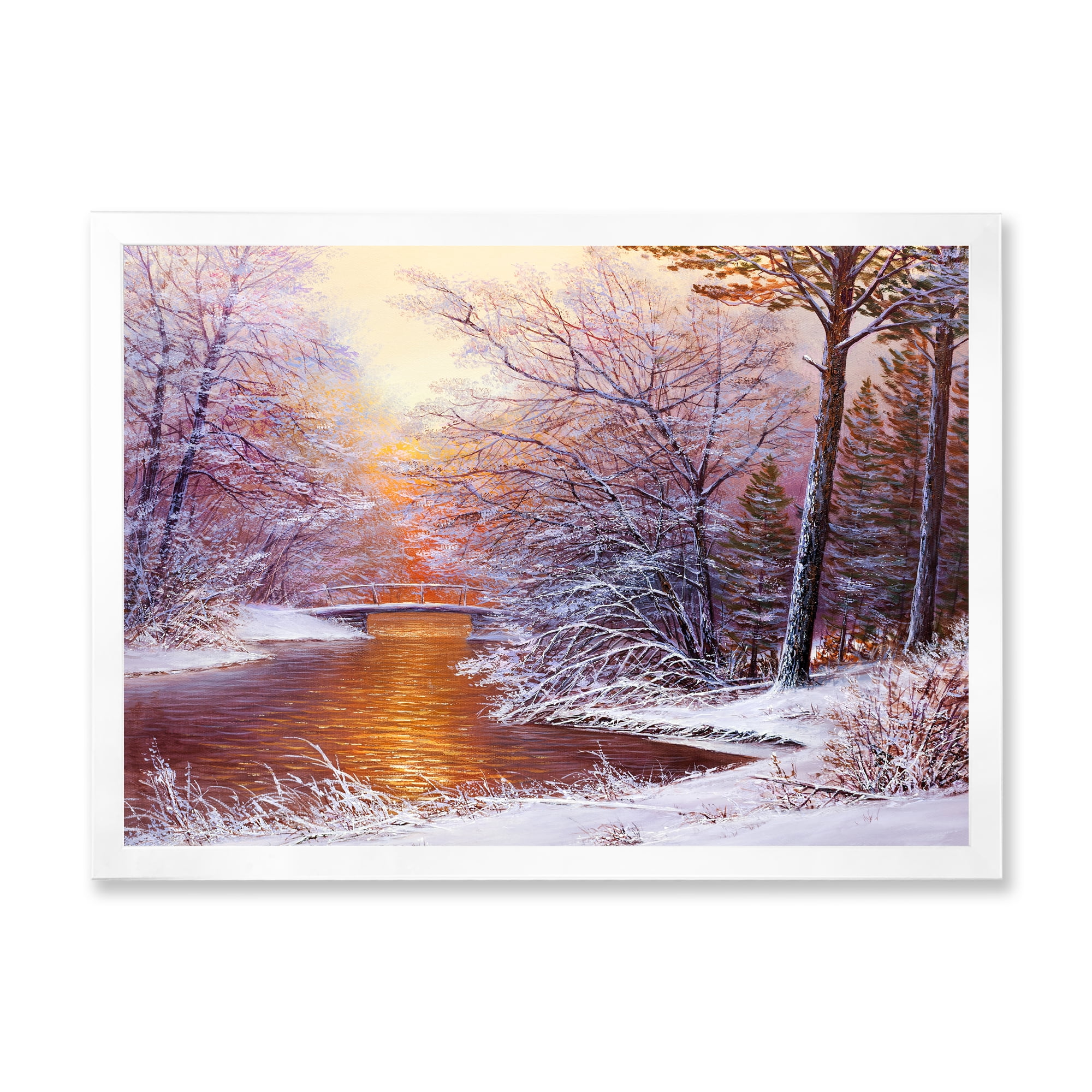 Designart 'Christmas Forest With Trees and River II' Traditional Framed Art Print