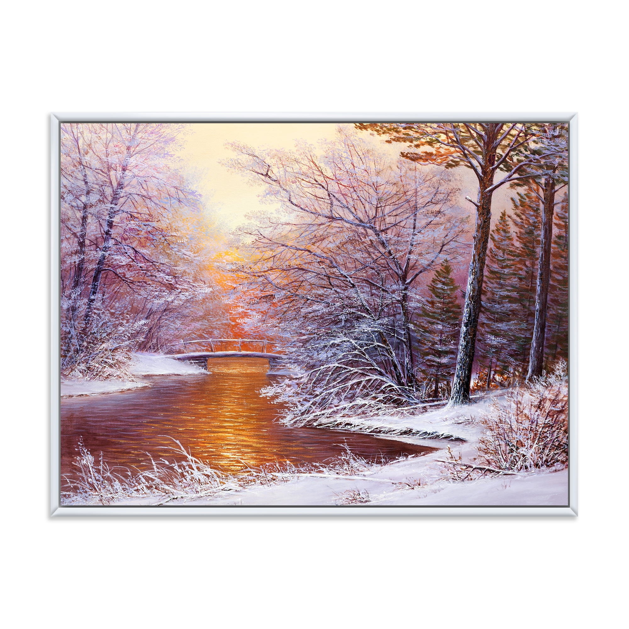 Designart 'Christmas Forest With Trees and River II' Traditional Framed Canvas Wall Art Print
