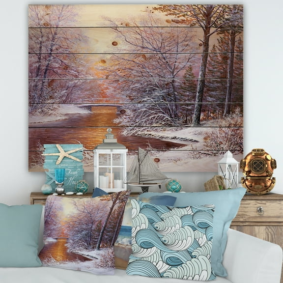 Designart 'Christmas Forest With Trees and River II' Traditional Print on Natural Pine Wood