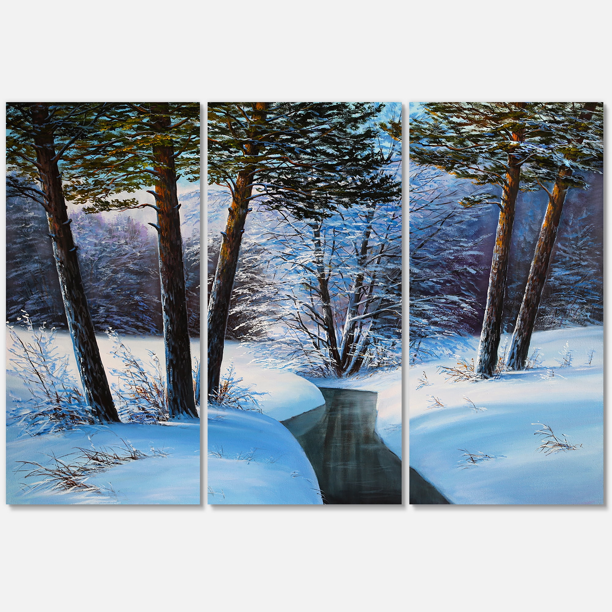 Designart ' Christmas Forest With Trees and River III ' Traditional Canvas Wall Art Print