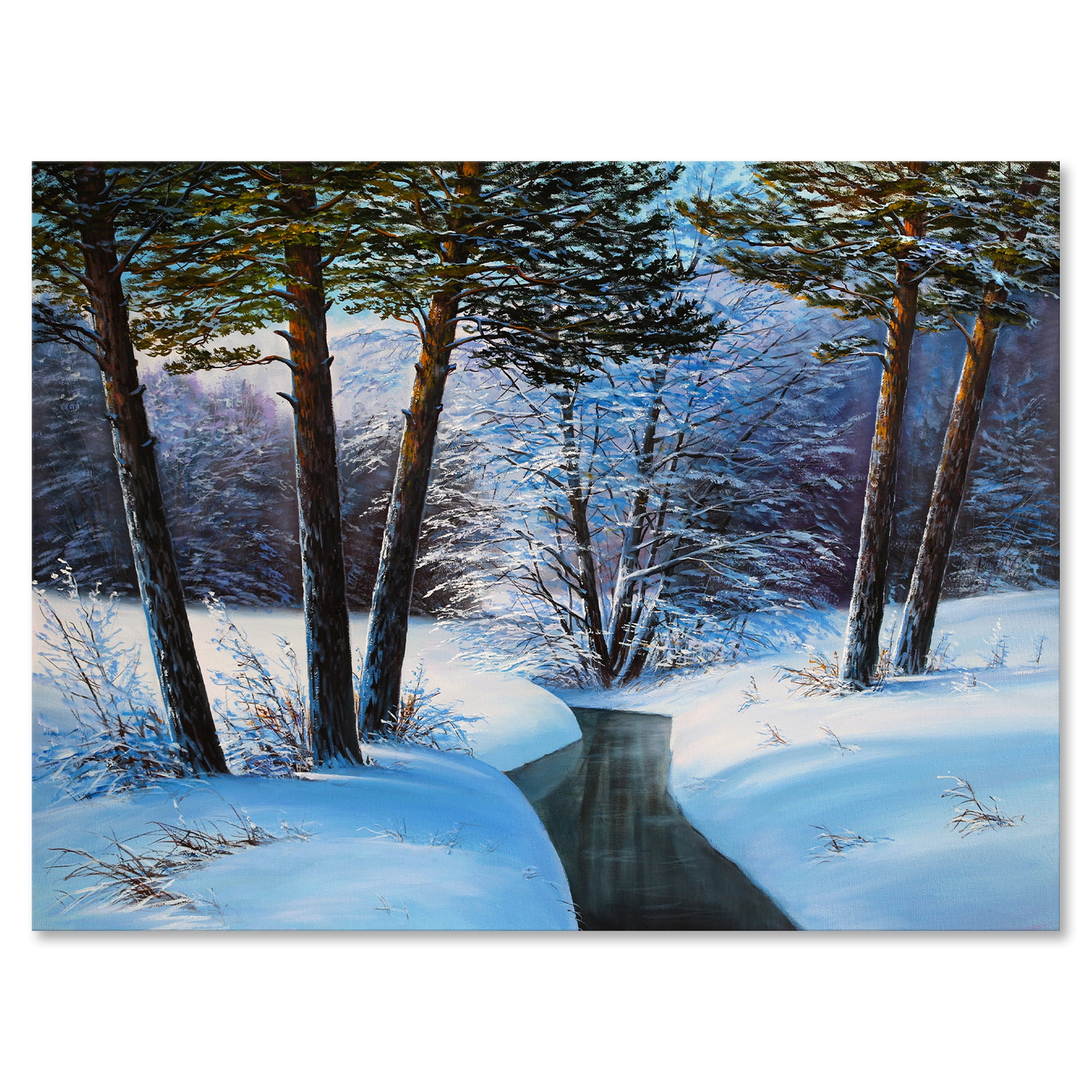 Designart ' Christmas Forest With Trees and River III ' Traditional Canvas Wall Art Print
