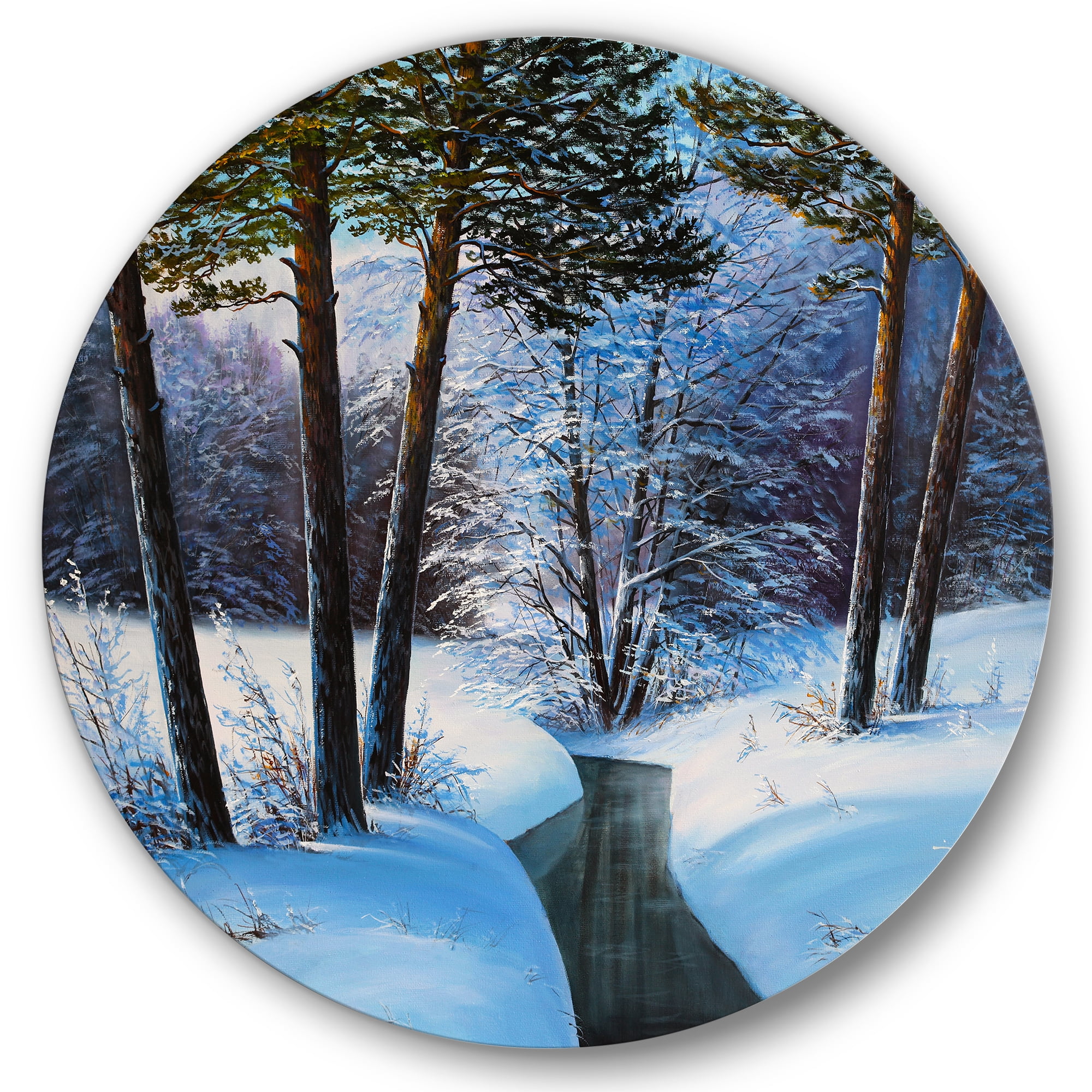 Designart 'Christmas Forest With Trees and River III' Traditional Circle Metal Wall Art 36x36 - Disc of 36