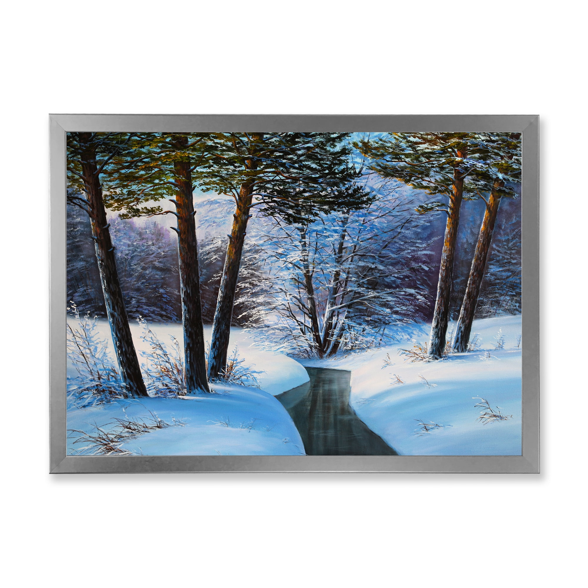 Designart 'Christmas Forest With Trees and River III' Traditional Framed Art Print