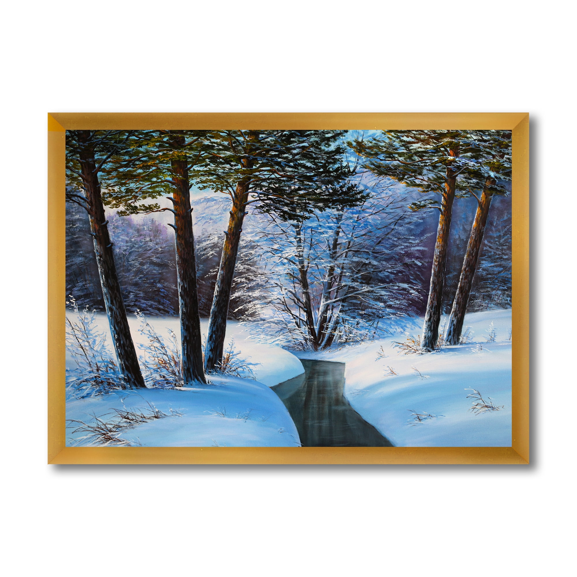 Designart 'Christmas Forest With Trees and River III' Traditional Framed Art Print