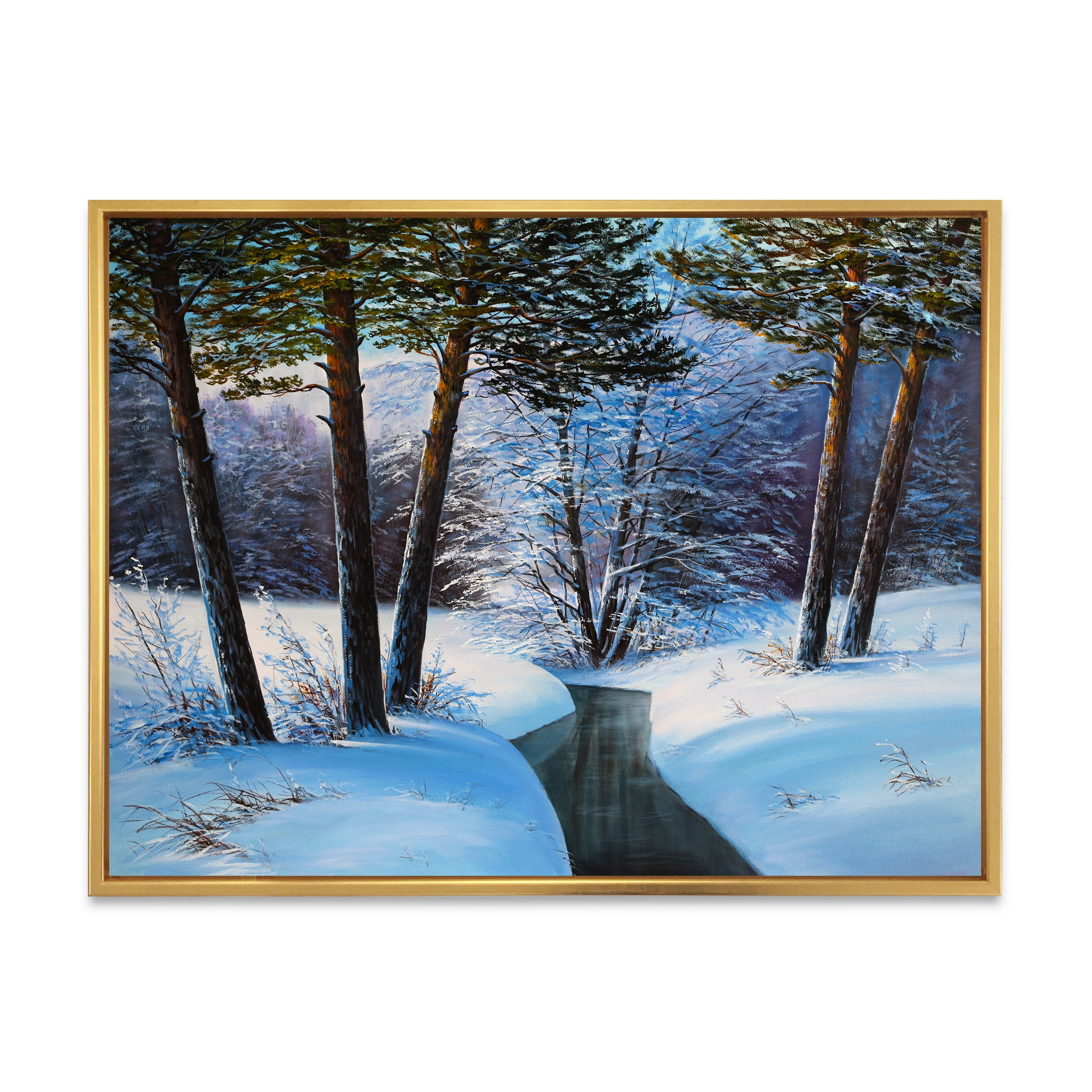 Designart 'Christmas Forest With Trees and River III' Traditional Framed Canvas Wall Art Print