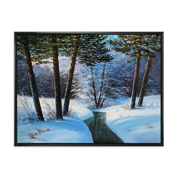 Designart 'Christmas Forest With Trees and River III' Traditional Framed Canvas Wall Art Print