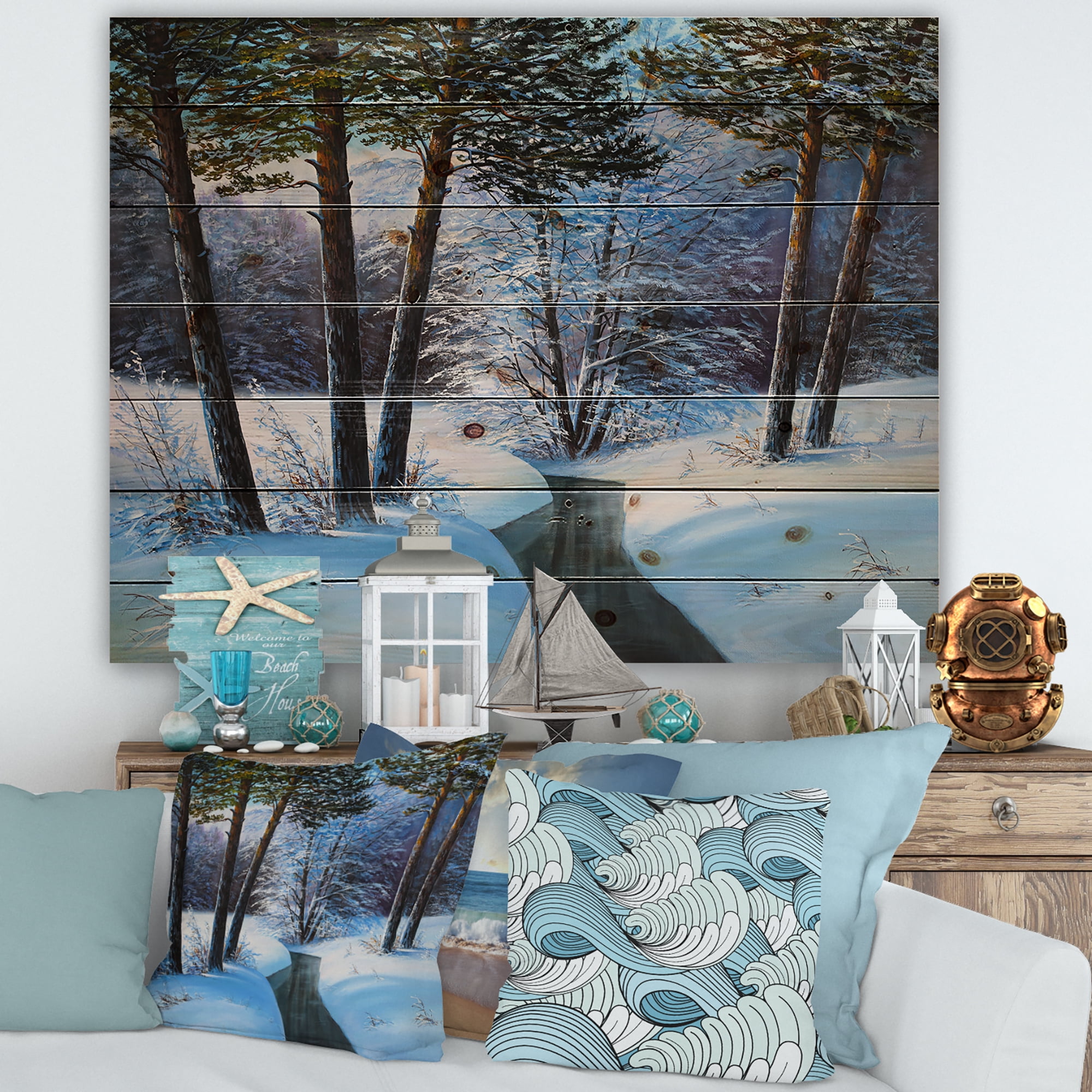 Designart 'Christmas Forest With Trees and River III' Traditional Print on Natural Pine Wood