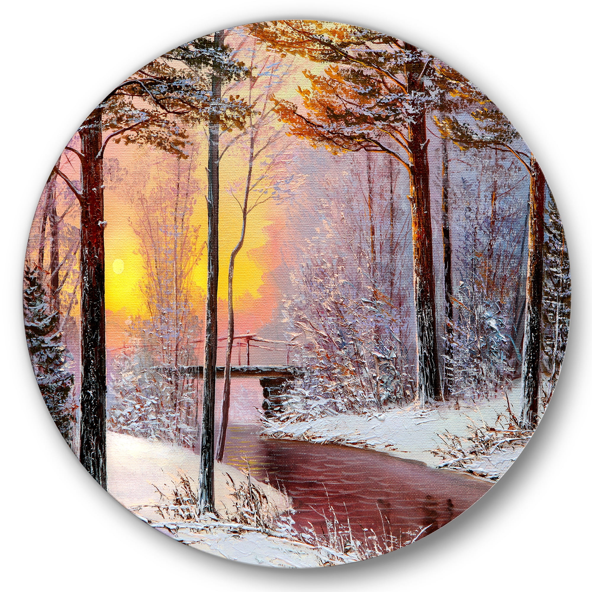 Designart 'Christmas Forest With Trees and River IV' Traditional Circle Metal Wall Art 29x29 - Disc of 29