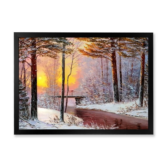Designart 'Christmas Forest With Trees and River IV' Traditional Framed Art Print