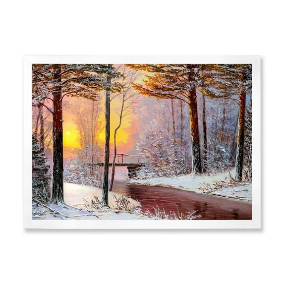 Designart 'Christmas Forest With Trees and River IV' Traditional Framed Art Print