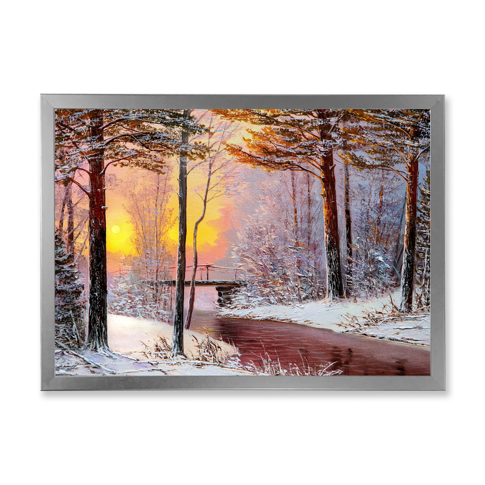 Designart 'Christmas Forest With Trees and River IV' Traditional Framed Art Print
